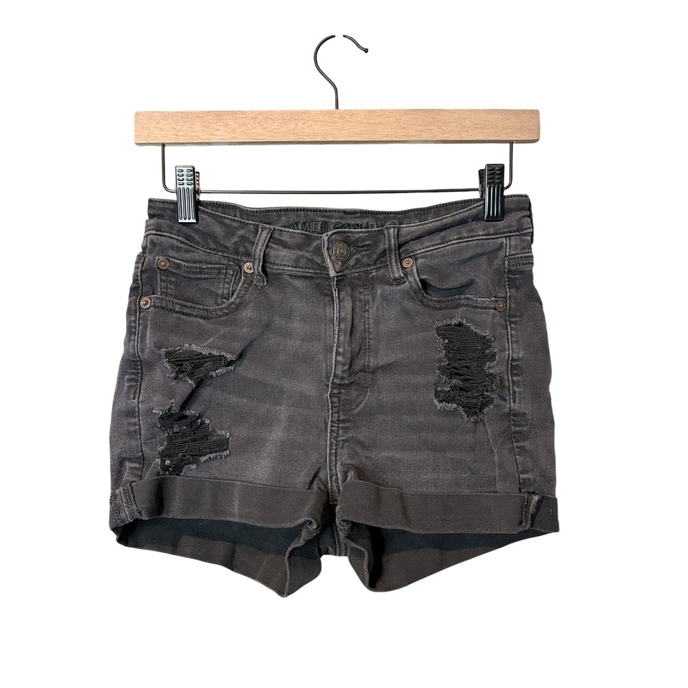 American Eagle High Rise Shortie Distressed Denim Shorts Black 4